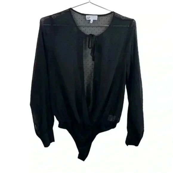 By The Way Black‎ Sheer Swiss Dot Long Sleeve Bodysuit - Picture 1 of 7